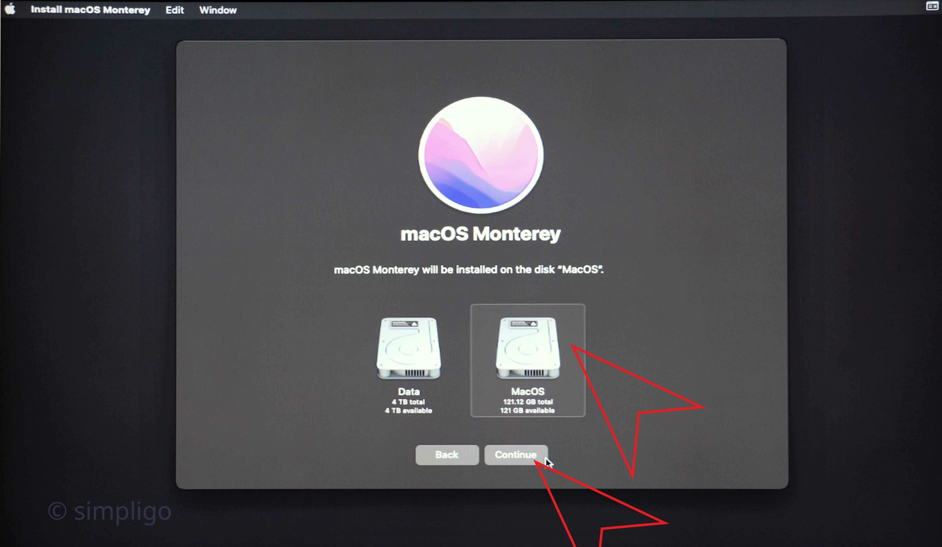 Stellen Sie sicher, dass Sie das richtige Volume für die macOS-Installation auswählen