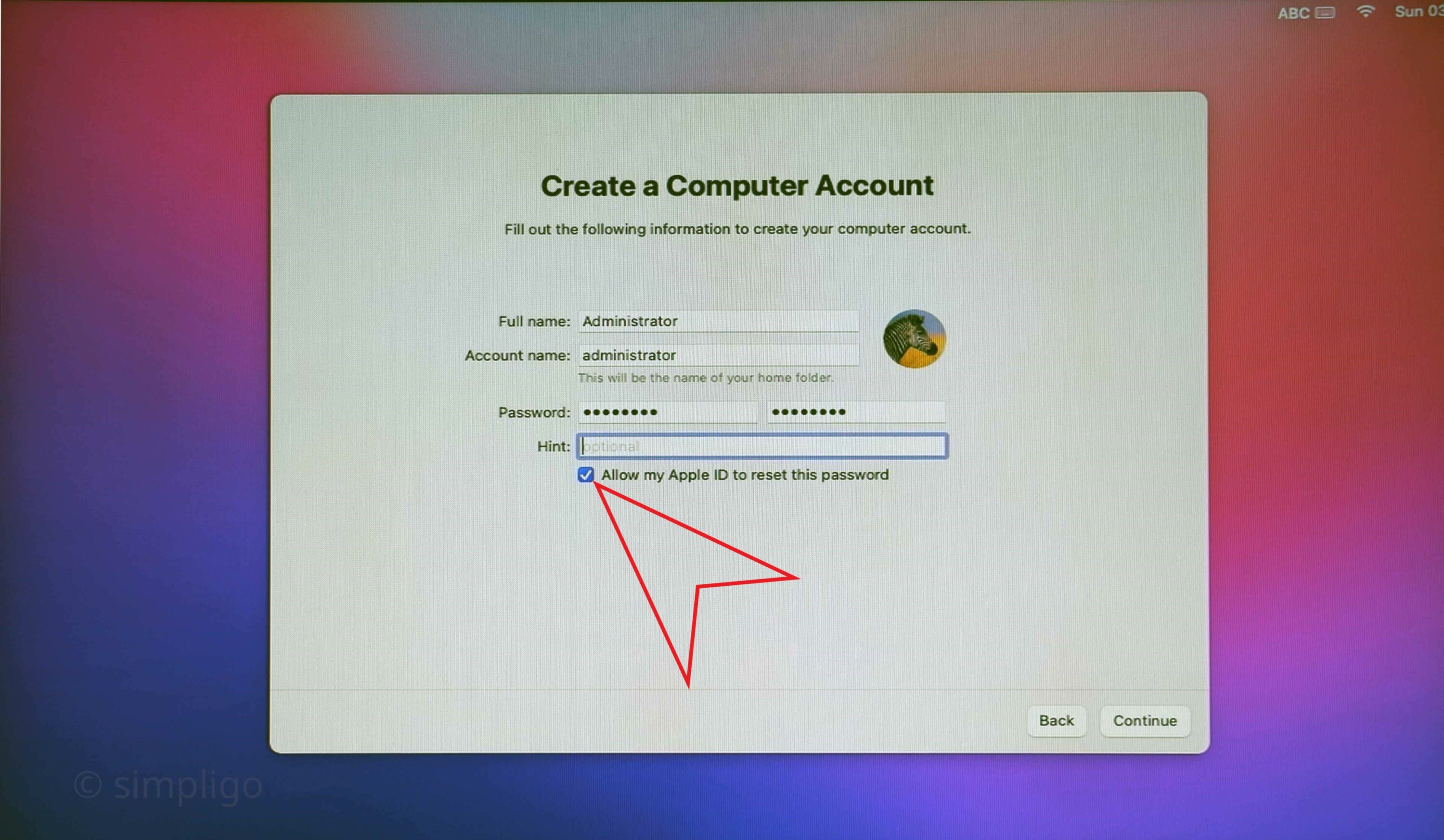 when creating the user account make sure that your AppleID is allowed to reset the password