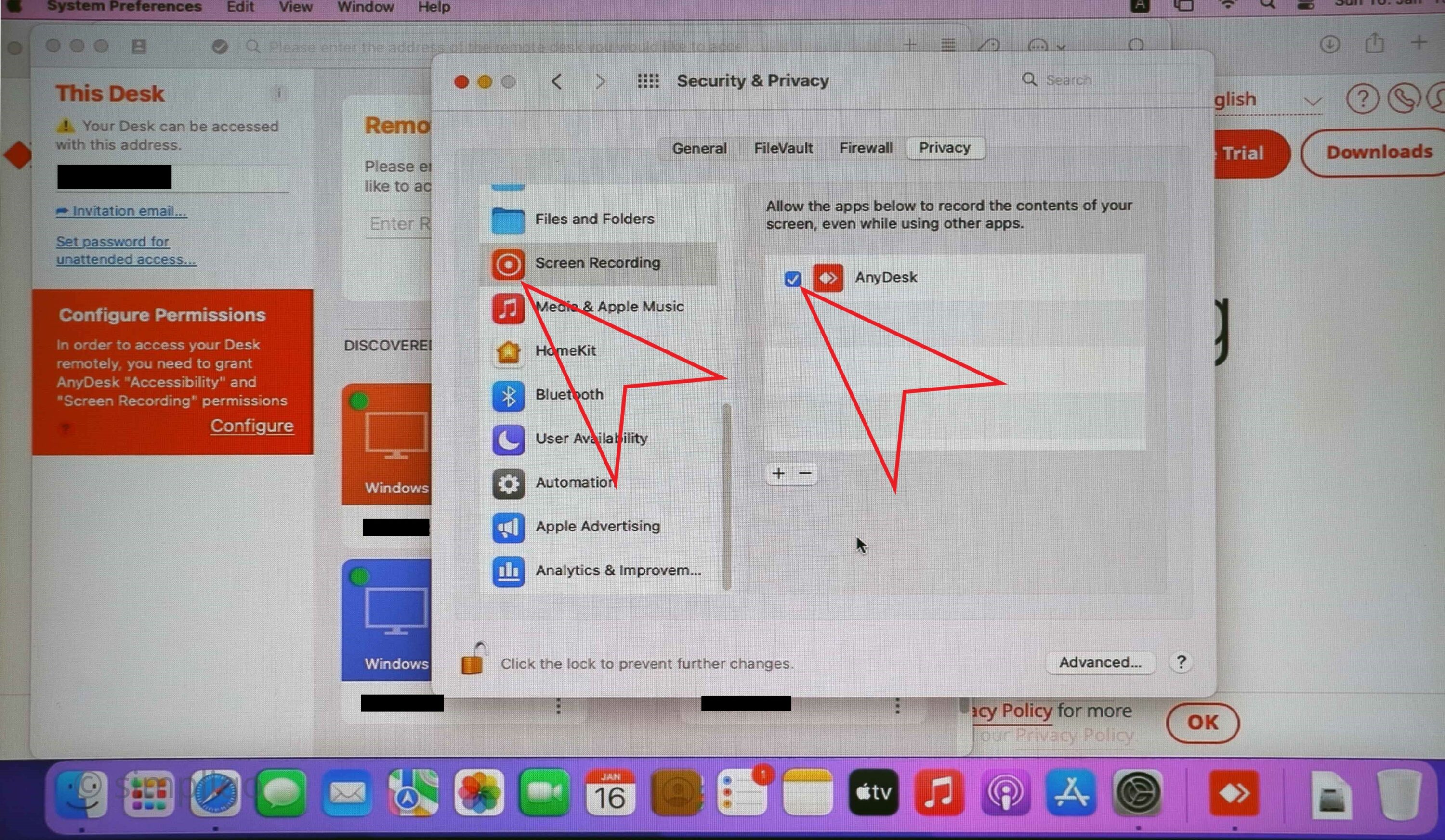 aktivieren Sie AnyDesk im Abschnitt Bildschirmaufzeichnung auf der Registerkarte Datenschutz