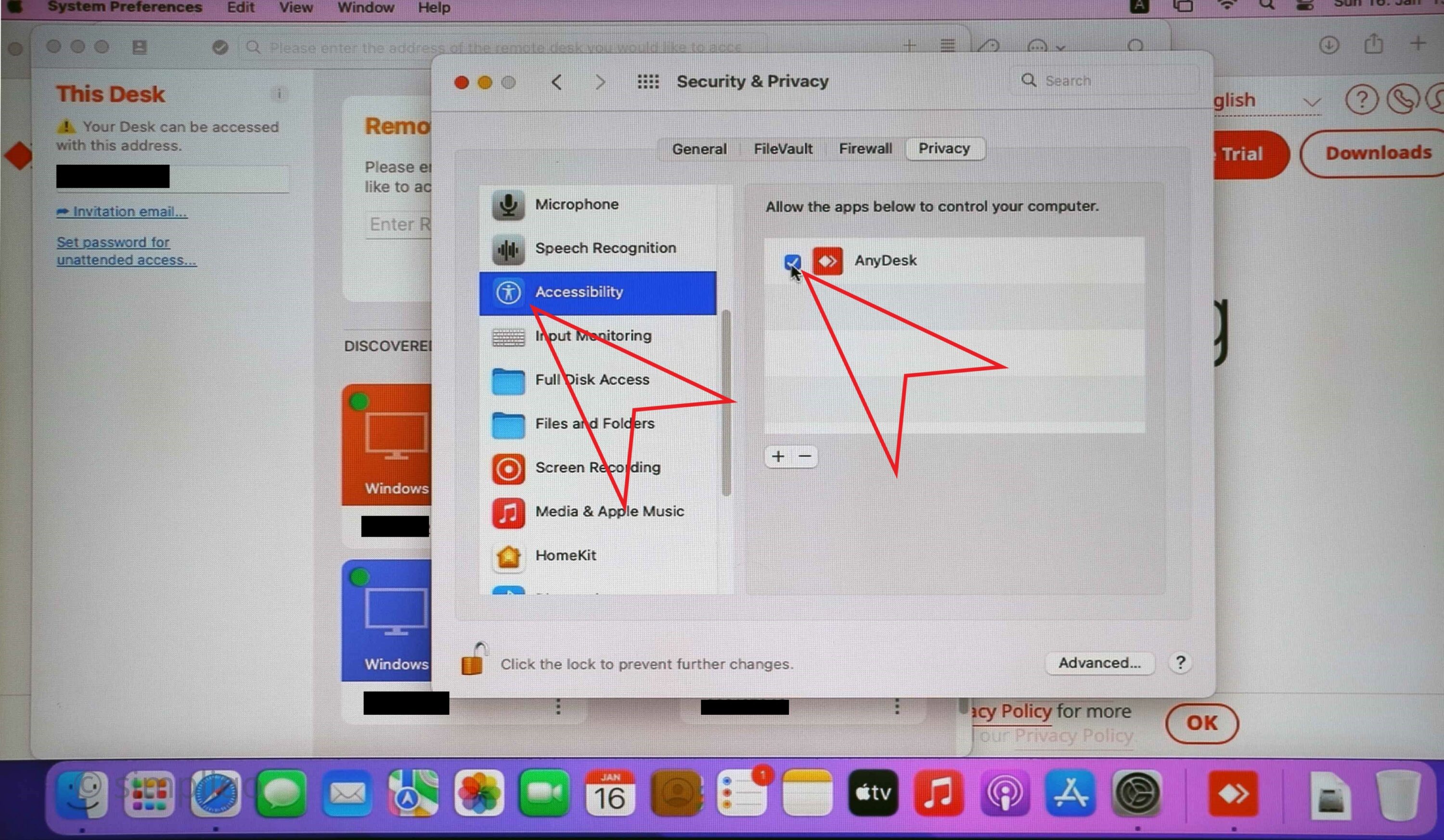 um macOS aus der Ferne steuern zu können, müssen Sie AnyDesk auf der Registerkarte Datenschutz auch Zugriffsrechte zuweisen