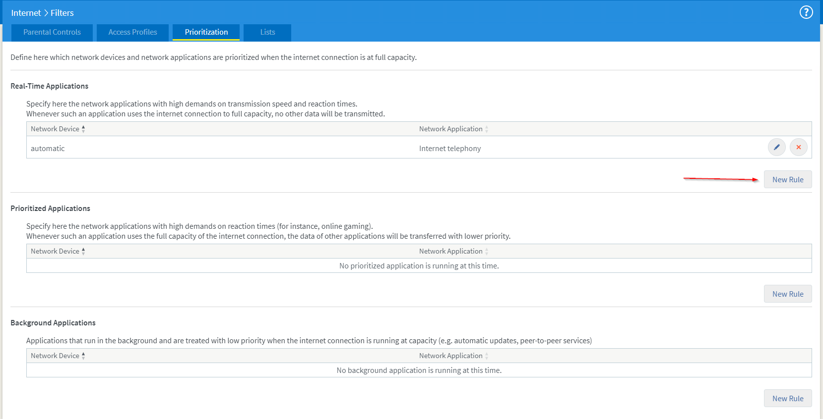 Je nach Wichtigkeit des Datenverkehrs wird die Anwendung nun zum entsprechenden Abschnitt hinzugefügt. Für unseren WLAN-Anruf verwenden wir Echtzeitanwendungen und klicken dort auf 'Neue Regel'.