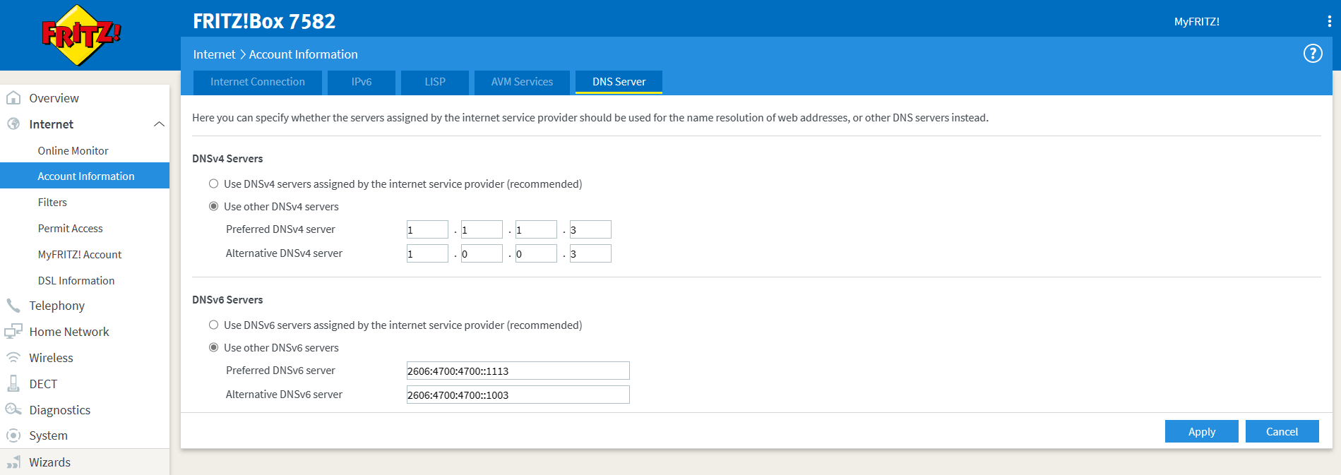 FRITZ!Box DNS-Einstellungen für 1.1.1.1 für Familien