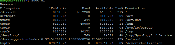 initial screenshot showing free disk space available on volume1 - 20.088TB