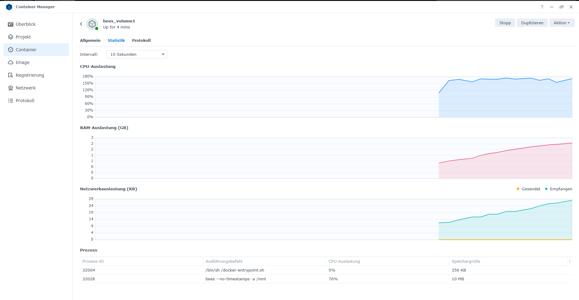 container manager showing bees initial run